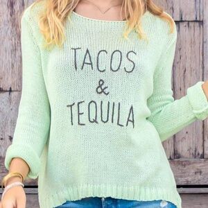 WOODEN SHIPS tacos & tequila crew cotton sweater in mojito bold spellout M / L